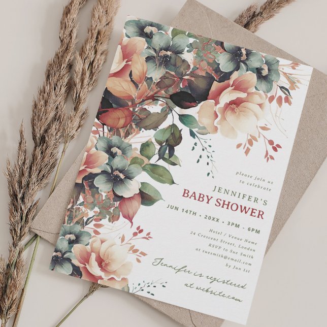 Convite Festa de Chá de fraldas Floral Bohemian Summer Gar (Bohemian Summer Garden Floral Baby Shower Party Invitation)