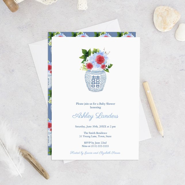Convite Festa de Chá de fraldas Red White Blue Boy (Baby Shower Invitation With Red White Blue Florals In Ginger Jar Vase And Repeat Pattern Vase Backer)