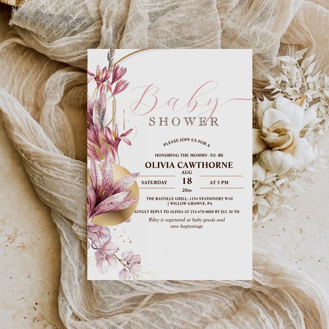 Convite Festa de Chá de fraldas Rosa Elegante Lily Girly (Criador carregado)