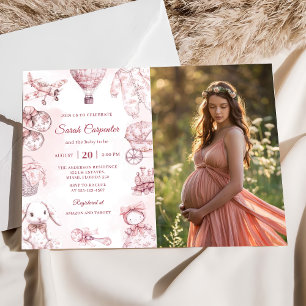 Convite Festa de Chá de fraldas Toile De Jouy Pink Girl