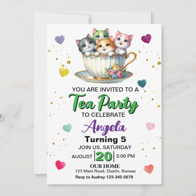 Convite Festa de Chá de Gatinhos Fofos para Aniversário de (Frente)