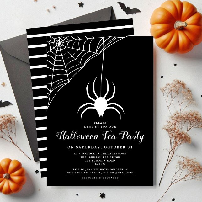 Convite Festa de Chá de Halloween Aranha Fofa Preta e Bran (Cute Spider Black & White Halloween Tea Party Invitation)