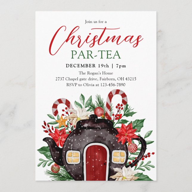 Convite Festa de Chá de Natal com Aquarela Festiva (Frente)