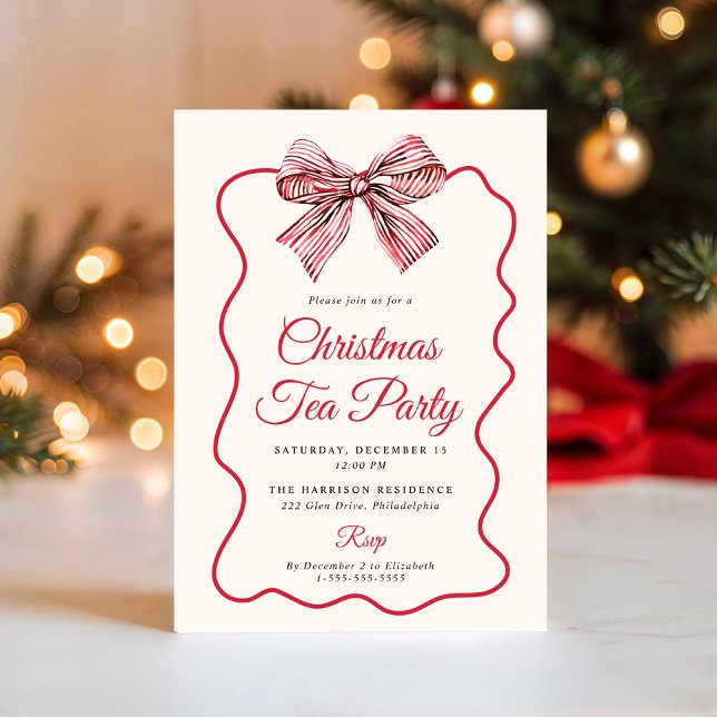 Convite Festa de Chá de Natal com Laço Coquette (Coquette Bow Christmas Tea Party Invitation)