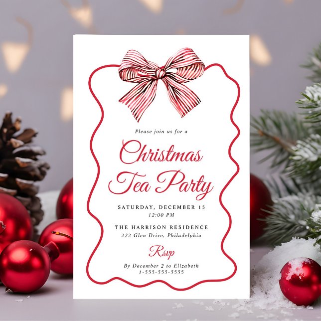 Convite Festa de Chá de Natal com Laço Coquette (Coquette Bow Christmas Tea Party Invitation)