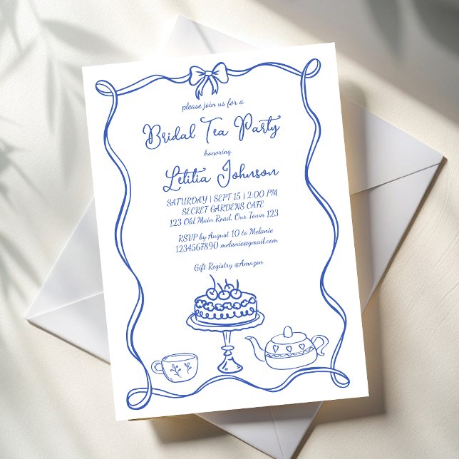 Convite Festa de chá de noiva arco desenhado à mão (Whimsical hand drawn bridal tea party invitation template dusty blue ribbon bow border tea invites)