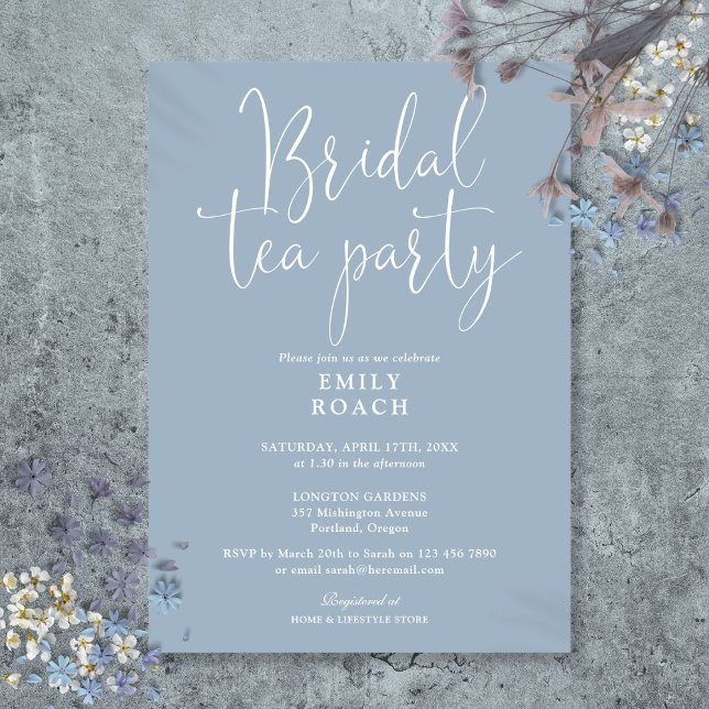 Convite Festa de Chá de Noiva com Elegante Roteiro em Azul (Dusty Blue Elegant Script Bridal Tea Party Shower Invitation)