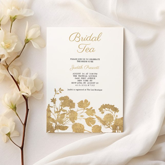 Convite Festa de chá de noiva com flores de ouro branco Ch (White gold flower bridal tea party Bridal Shower )