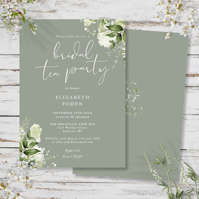 Convite Festa de Chá de Noiva com Monograma de Verde Oliva (Sage Green Greenery Monogram Bridal Tea Party Invitation)