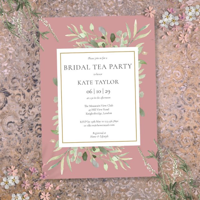 Convite Festa de Chá de Noiva em Rosa Empoeirado com Verde (Watercolor Greenery Dusty Rose Bridal Tea Party Invitation)