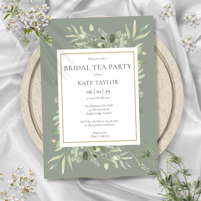 Convite Festa de Chá de Noiva em Verde Sage com Aquarela (Watercolor Greenery Sage Green Bridal Tea Party Invitation)