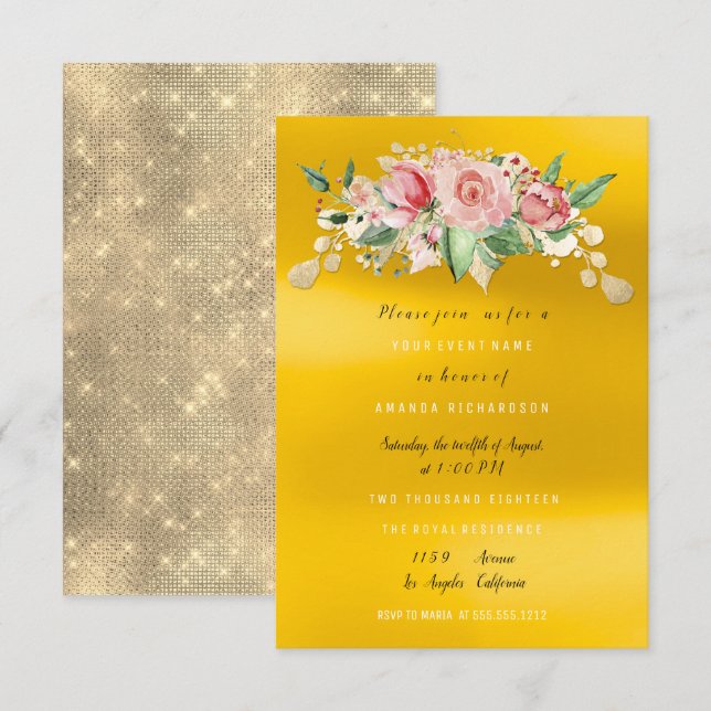 Convite Festa de Chá de Noiva Flor Pintada em Aquarela Ros (Frente/Verso)