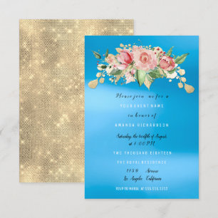 Convite Festa de Chá de Noiva Flor Pintada em Azul Aquarel