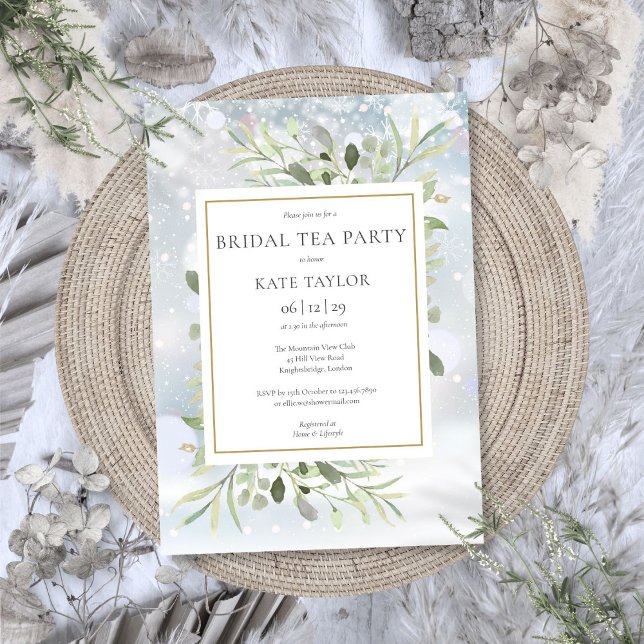 Convite Festa de Chá de Noiva Folhagens Flocos de Neve de  (Winter Snowflakes Greenery Bridal Tea Party Invitation)