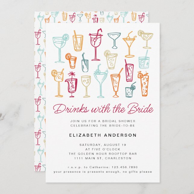 Convite Festa de Chá de panela de Cocktail Desenhada na Mã (Frente/Verso)