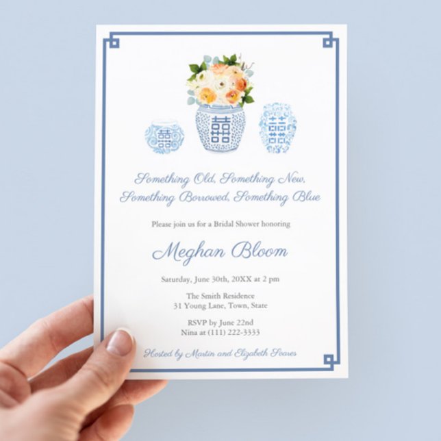 Convite Festa de Chá de panela de Flores de Outono Azul (Something Old New Borrowed Blue Bridal Shower Party Invite with florals in fall autumn colors)