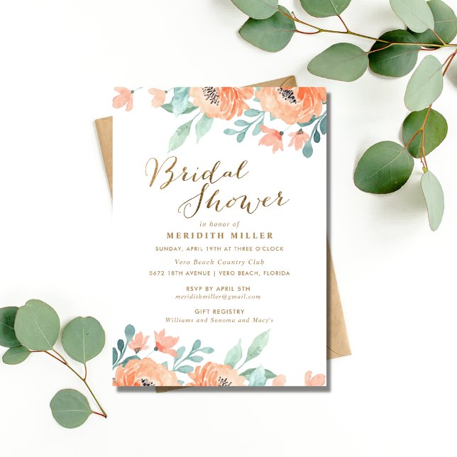 Convite Festa de Chá de panela Floral de Pêssego de Aquare (Watercolor Peach Floral Bridal Shower Party Invitation)