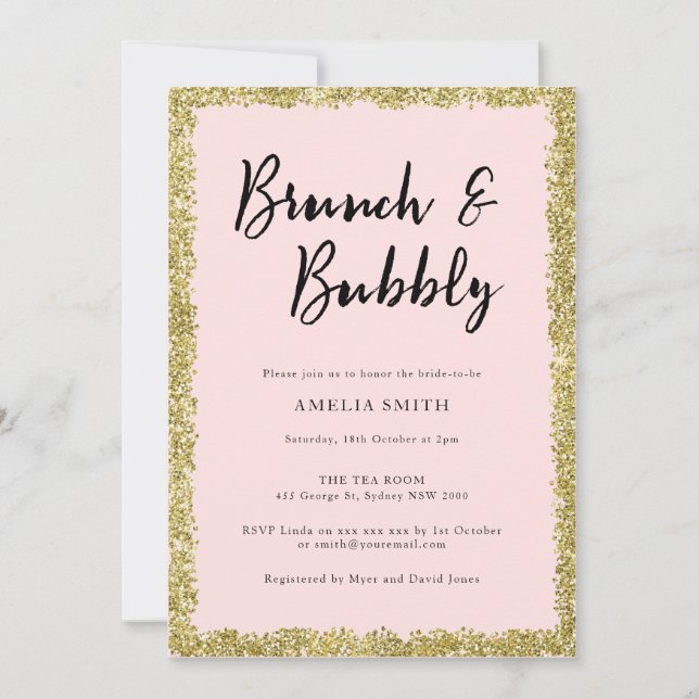 Convite Festa de Chá de panela rosa e Dourada brilhante (Frente)