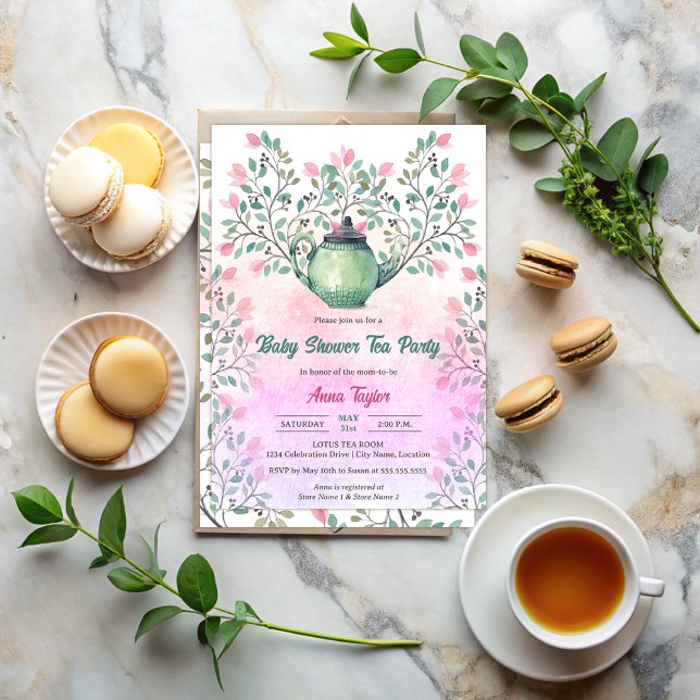 Convite Festa de chá do Chá de fraldas Elegante Bule Flora (Elegant baby shower tea party invitation with a teapot and floral design elements front and back.)