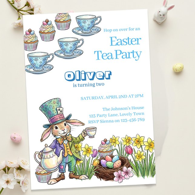 Convite Festa de Chá do Coelho da Páscoa Aniversário Infan (Kids Easter Garden Tea Party and Egg Hunt Invitation)