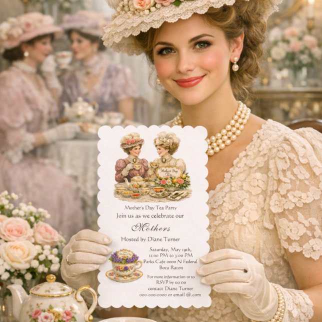 Convite Festa de Chá do Dia das Mães Vitoriano (Host a Victorian tea party with this invitation template. Perfect for various venues.)