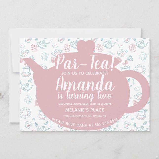 Convite Festa de Chá Doodle Caprichosa (Frente)