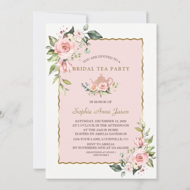 Convite Festa de Chá Dourada Floral com Blush (Frente)