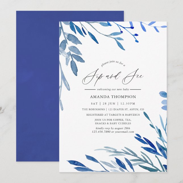 Convite Festa de Chá e Visualização Folhas de Índigo Azul  (Frente/Verso)