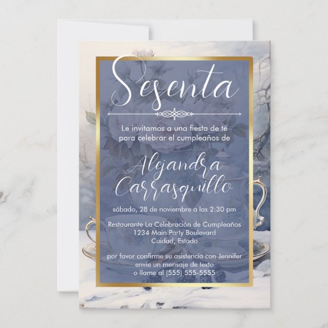 Convite Festa de Chá Elegante Azul Espanhol de 60 Anos de  (Frente)