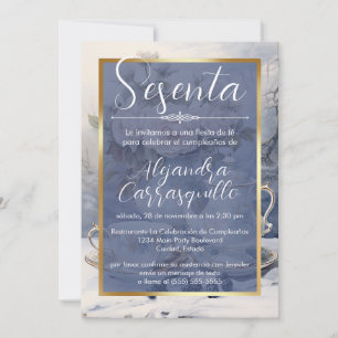 Convite Festa de Chá Elegante Azul Espanhol de 60 Anos de
