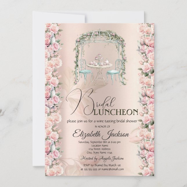 Convite Festa de Chá Elegante com Rosas para Almoço de Noi (Frente)