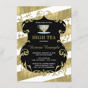 Convite Festa de Chá Elegante Preto e Dourado