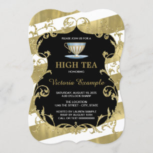 Convite Festa de Chá Elegante Preto e Dourado