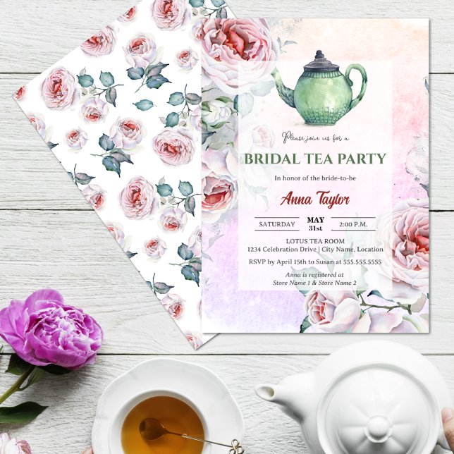 Convite Festa de Chá Floral Bridal Elegante (Elegant floral bridal tea party invitation front and back view.)
