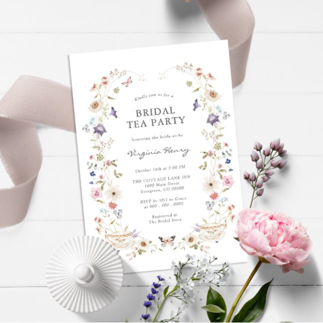 Convite Festa de Chá Floral de Noiva (Wildflower Tea Party Bridal Shower Wedding Invitation with Butterfly by Painted Paperie)