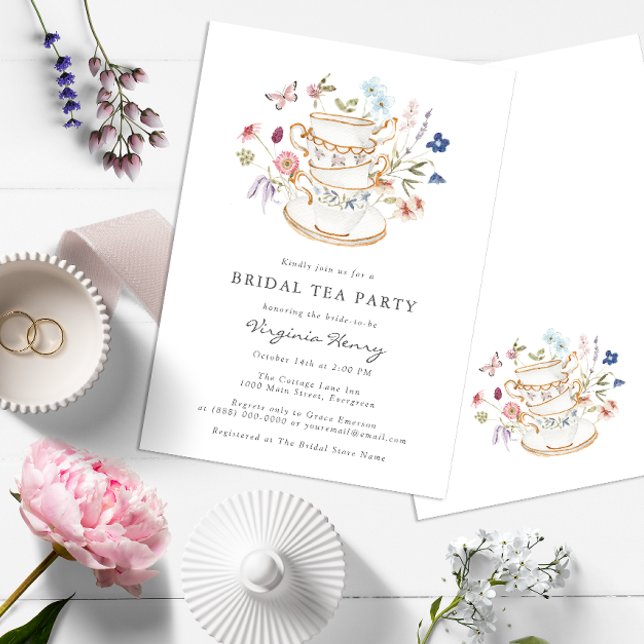 Convite Festa de Chá Floral de Noiva (Wildflower Tea Party Bridal Shower Wedding Invitation with Butterfly by Painted Paperie)