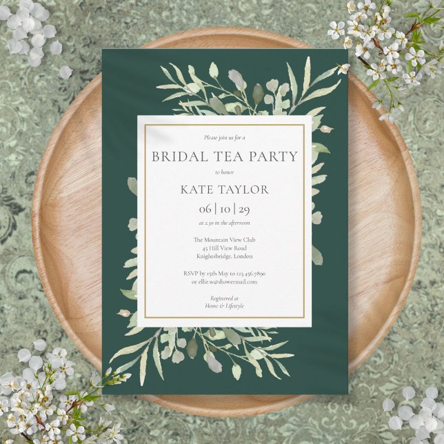 Convite Festa de Chá Nupcial com aguarela esmeralda (Emerald Watercolor Greenery Bridal Tea Party Invitation)