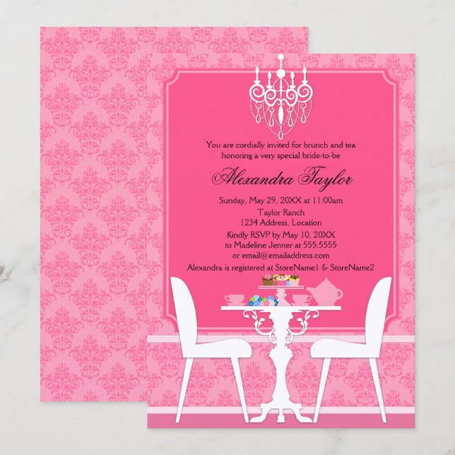 Convite Festa de Chá Nupcial com Damasko Rosa e Lustre (Frente/Verso)
