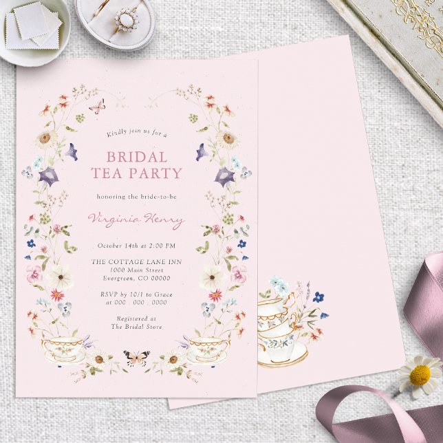 Convite Festa de Chá Nupcial com Flores Rosa (Elegant Pink Floral Bridal Tea Party Invitation with Butterflies by Painted Paperie
)