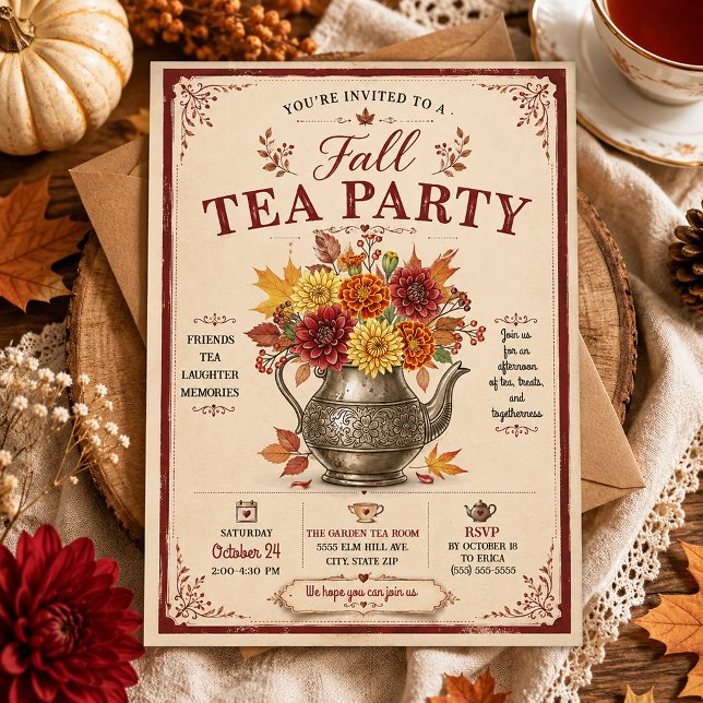 Convite Festa de Chá Outonal Rústica Vintage (Fall Tea Party Invitation)