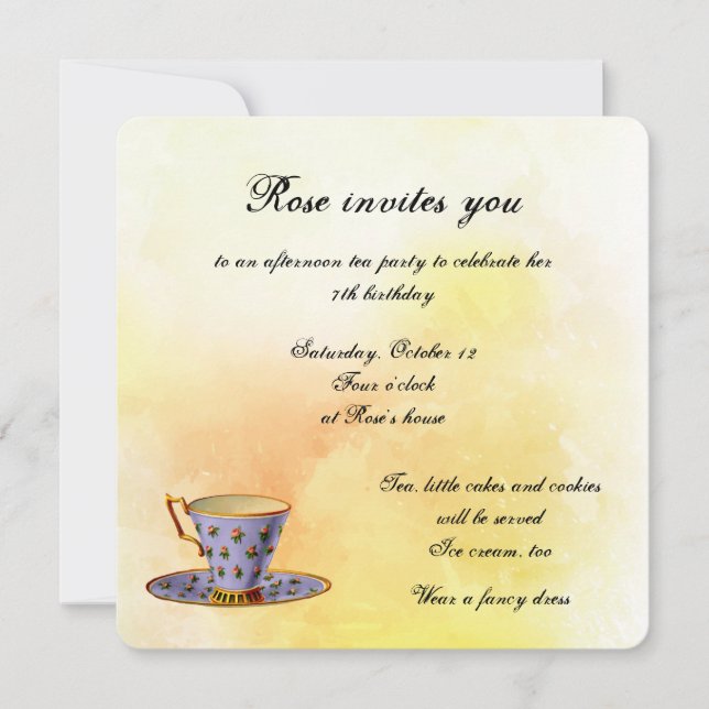 Convite Festa de chá para um aniversário de meninas (Frente)