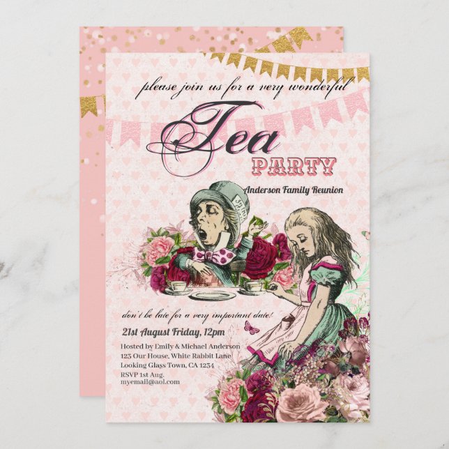 Convite Festa de Chá Personalizada da Alice no País das Ma (Frente/Verso)