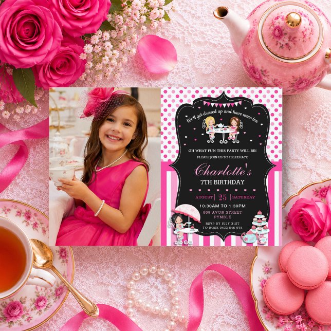 Convite Festa de Chá Rosa Chic Fofa Aniversário da Menina  (Criador carregado)
