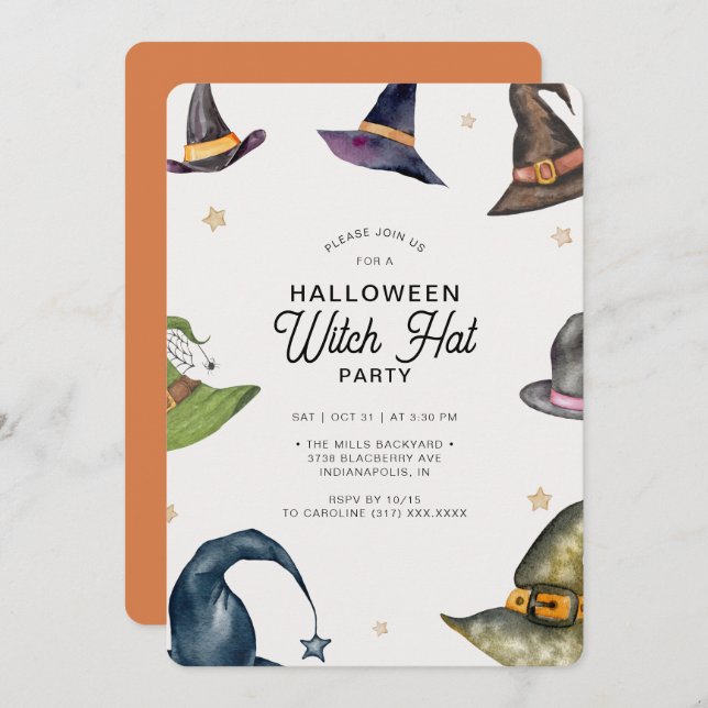 Convite Festa de Chapéu das Bruxas Laranja Moderna do Hall (Frente/Verso)