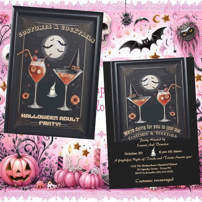 Convite Festa de Chapéu de Bruxa de Halloween Adulto e Coc (Costume & Cocktail Adult Halloween Witch Hat Party Invitation)