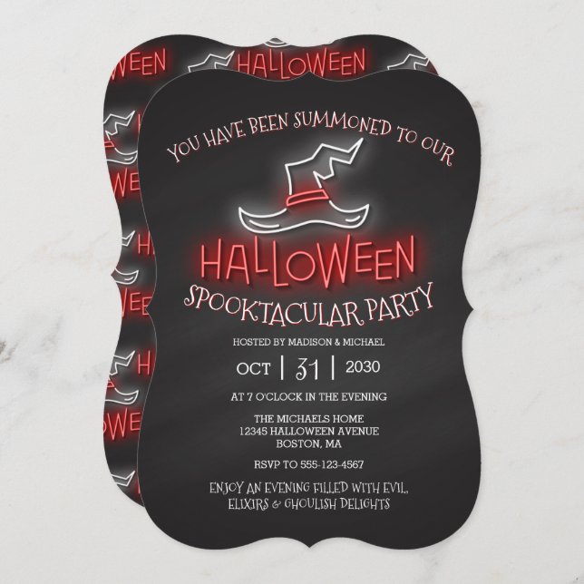 Convite Festa de Chapéu de Bruxa Neon Spooktacular do Hall (Frente/Verso)