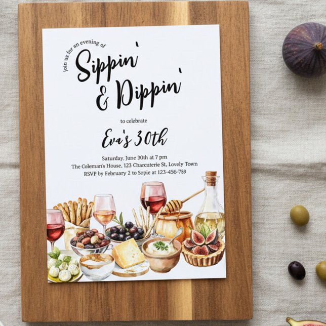 Convite Festa de Charcuteria para qualquer idade (Sippin' & Dippin' Charcuterie invitation for foodie gathering or any age birthday bash)