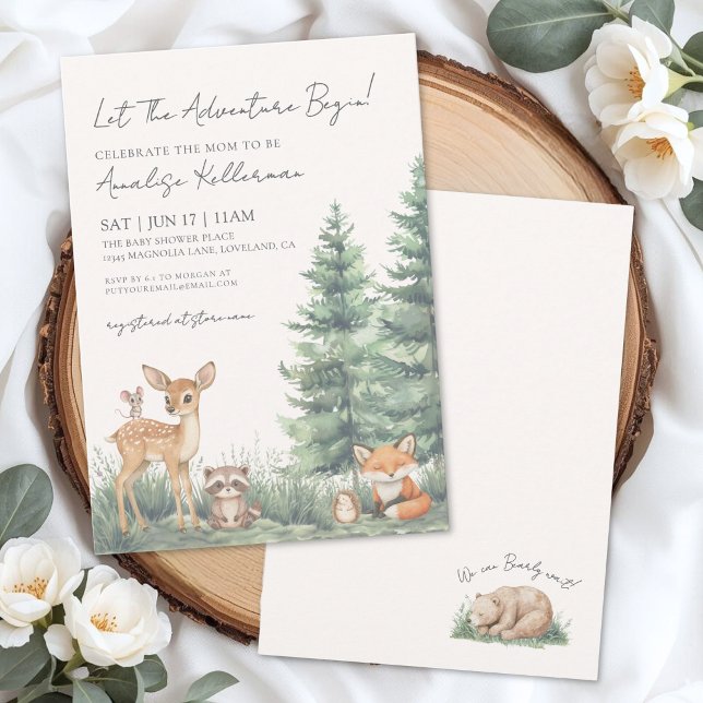 Convite Festa de Chás de Bebê Animais da Floresta Elegante (Woodland Forest Animal Adventure Baby Shower Invitation)