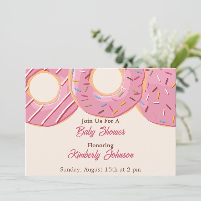 Convite Festa de Chás de Bebê Donut Rosa Delícia (Em pé/Frente)