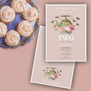 Convite Festa de Chávena Rosa Floral Borboletas Menina Ani